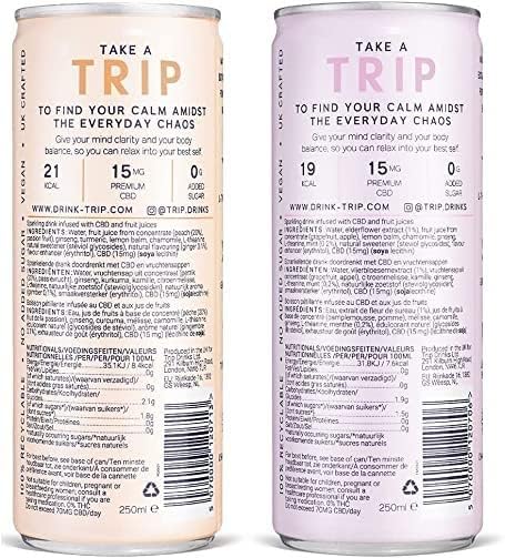 TRIP CBD Drink, Sparkling Elderflower Mint & Peach Ginger Fizzy Drink, Low Calorie, Vegan, Stress & Anxiety Relief (Pack of 12 x 250ml)