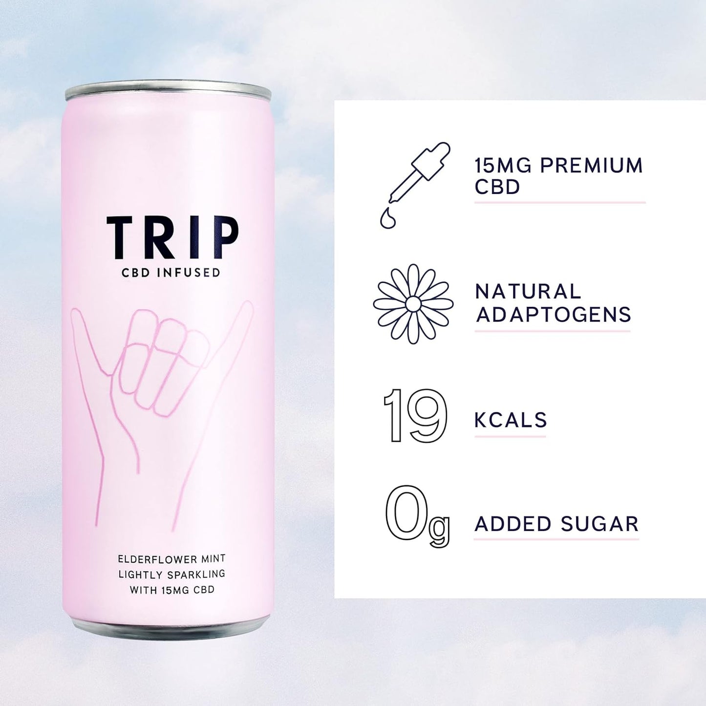 TRIP CBD Drink, Sparkling Elderflower Mint Fizzy Drink, Low Calorie, Vegan, Stress & Anxiety Relief, 250 ml (Pack of 12)