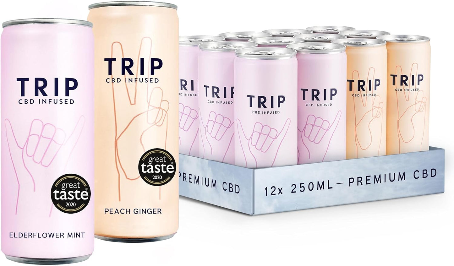 TRIP CBD Drink, Sparkling Elderflower Mint & Peach Ginger Fizzy Drink, Low Calorie, Vegan, Stress & Anxiety Relief (Pack of 12 x 250ml)