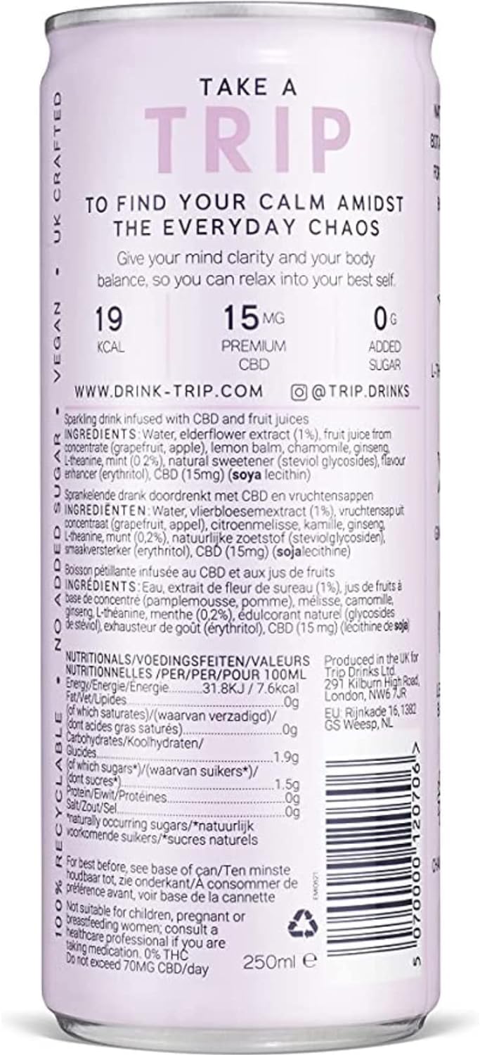 TRIP CBD Drink, Sparkling Elderflower Mint Fizzy Drink, Low Calorie, Vegan, Stress & Anxiety Relief, 250 ml (Pack of 12)