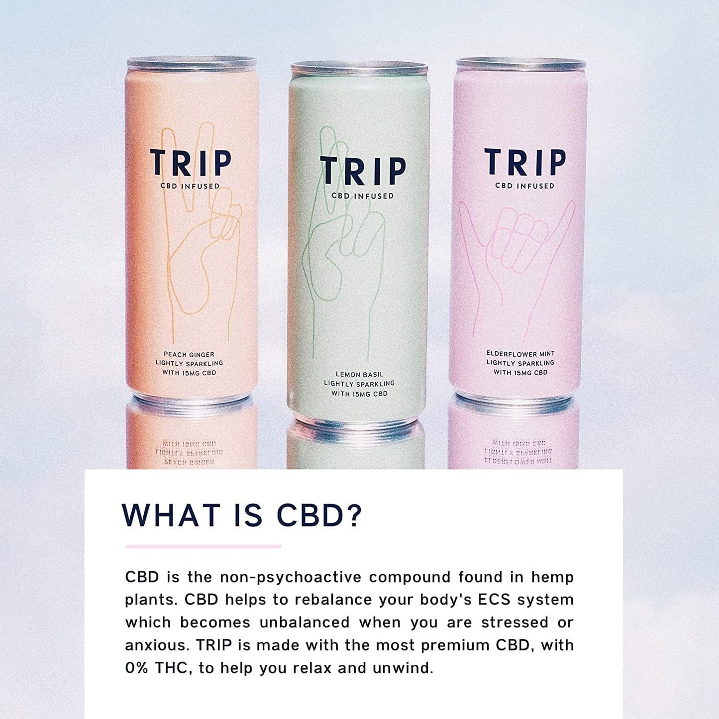 TRIP CBD Drink, Sparkling Elderflower Mint & Peach Ginger Fizzy Drink, Low Calorie, Vegan, Stress & Anxiety Relief (Pack of 12 x 250ml)