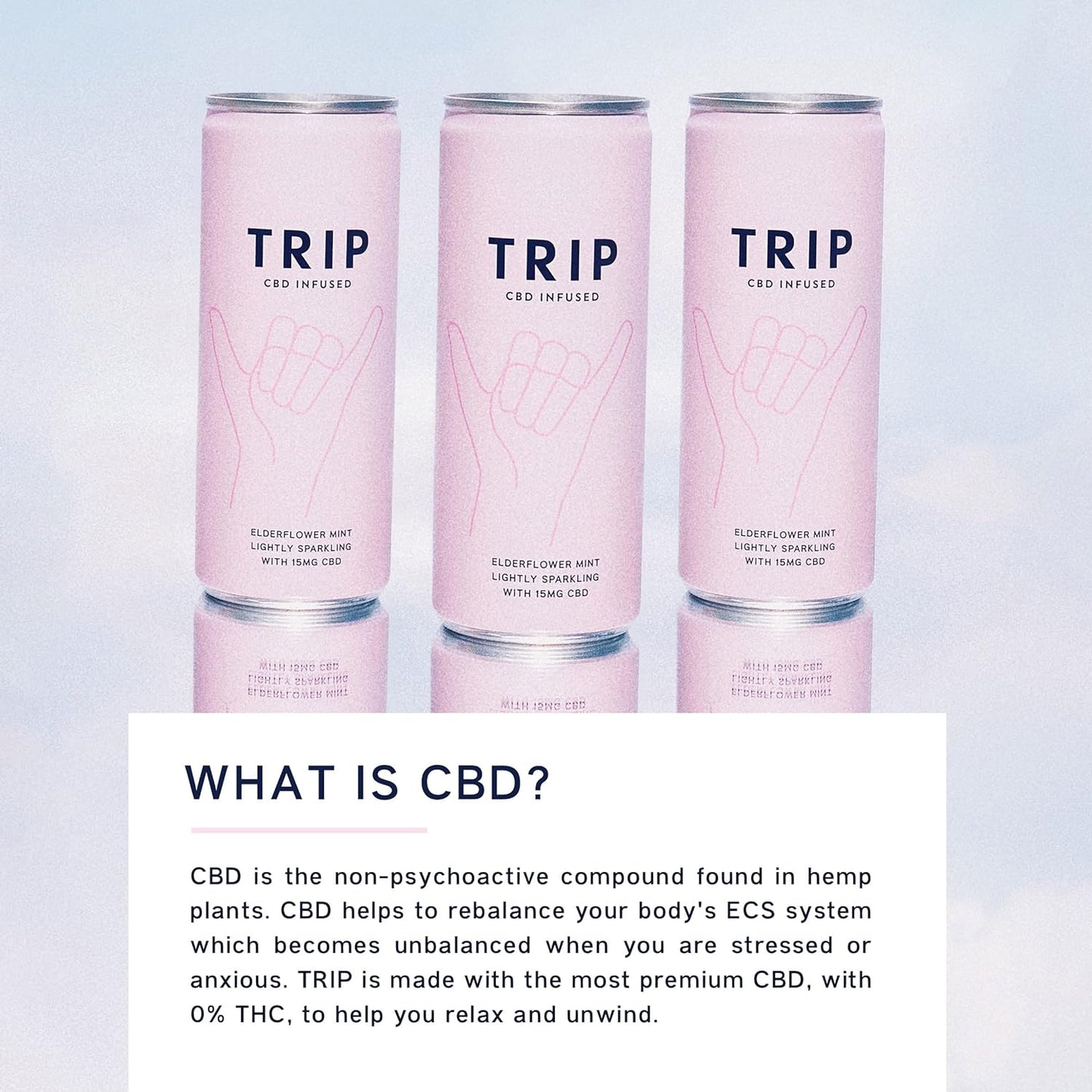 TRIP CBD Drink, Sparkling Elderflower Mint Fizzy Drink, Low Calorie, Vegan, Stress & Anxiety Relief, 250 ml (Pack of 12)